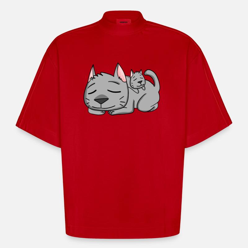 Chat avec bébé chat - T-shirt bio épais oversize Boxy fabriqué en UE - rouge