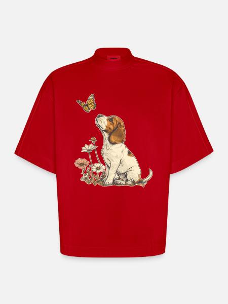 Beagle and Butterfly - Heavyweight Oversized Organic Boxy T-Shirt Made in EU - red