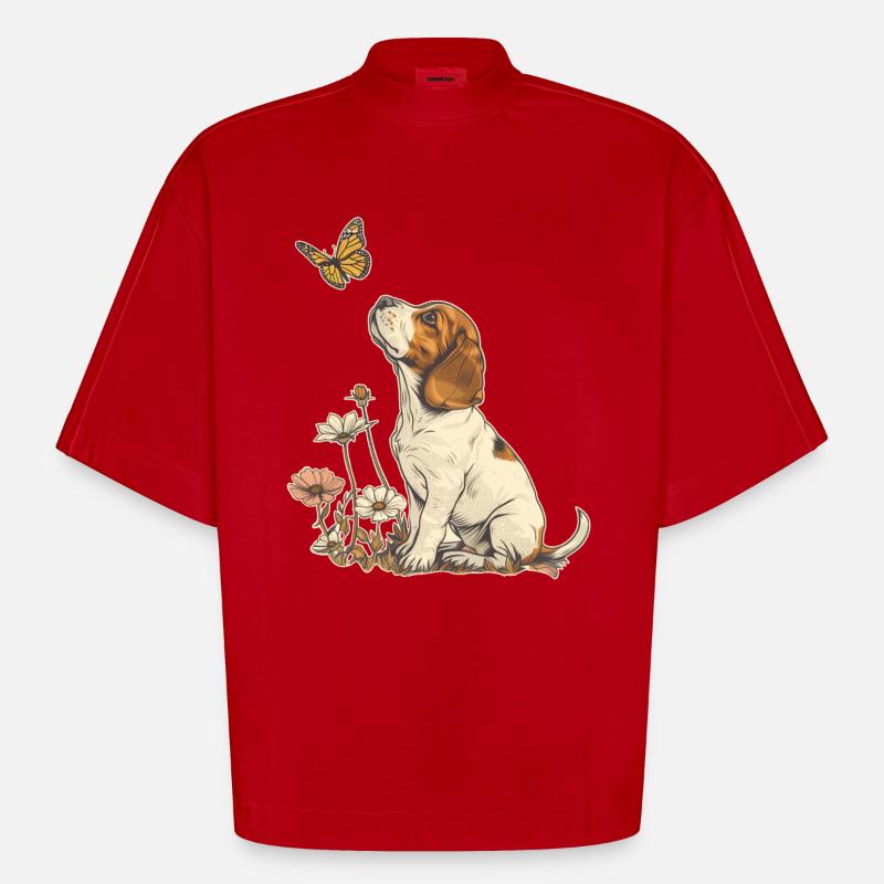 Beagle et papillon - T-shirt bio épais oversize Boxy fabriqué en UE - rouge