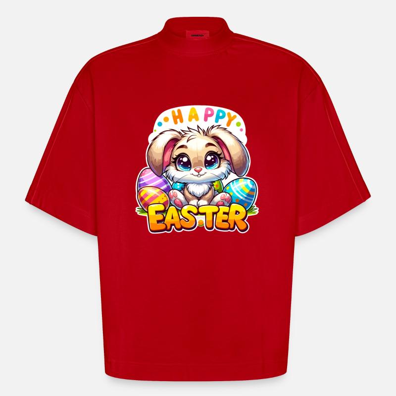 Happy Easter - Easter Bunny Illustration - Heavyweight Oversized Organic Boxy T-Shirt Made in EU - red