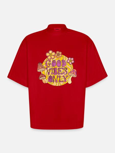 Good Vibes Only 70s Funky Groovy Flower Power 60E - Heavyweight Oversized Organic Boxy T-Shirt Made in EU - red