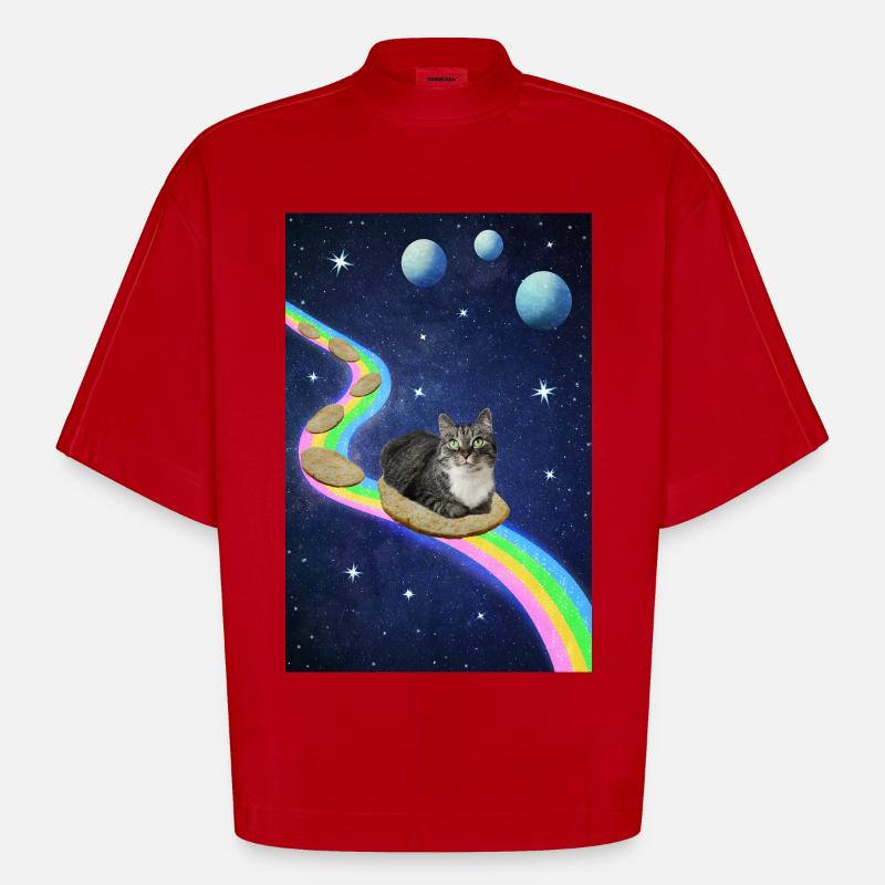 Chat mignon dans l’espace - T-shirt bio épais oversize Boxy fabriqué en UE - rouge