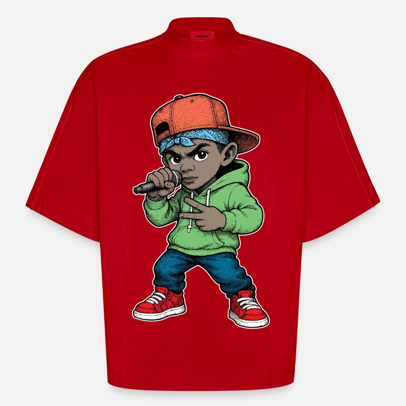 Junger Rapper-Junge mit Mikrofon - Heavyweight Oversized Organic Boxy T-Shirt Made in EU - Rot