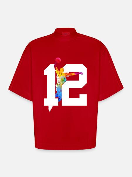 NUMBER 12 BASKETBALL 12TH BIRTHDAY - Heavyweight Oversized Organic Boxy T-Shirt Made in EU - red