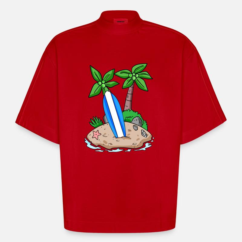 Île avec planche de surf - T-shirt bio épais oversize Boxy fabriqué en UE - rouge