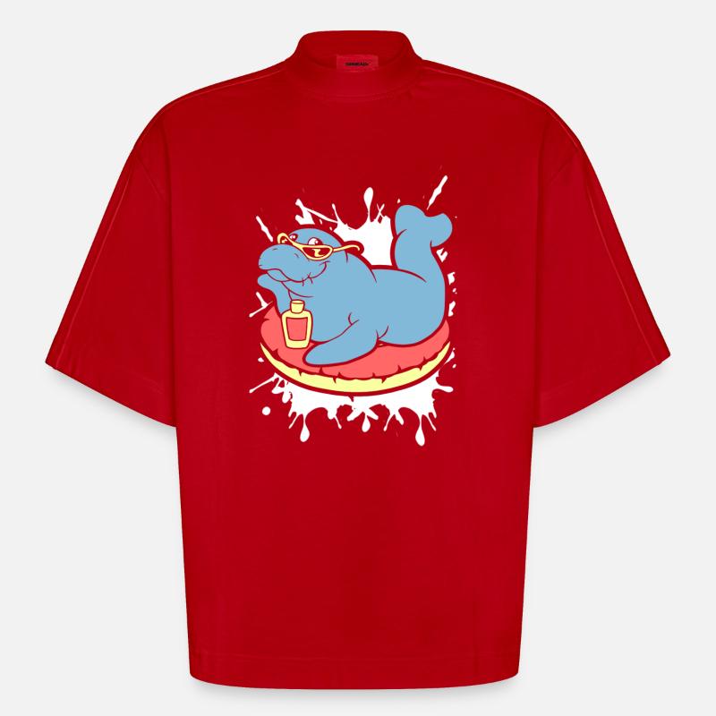 Funny Manatee Does Sunbath - Heavyweight Oversized Organic Boxy T-Shirt Made in EU - red