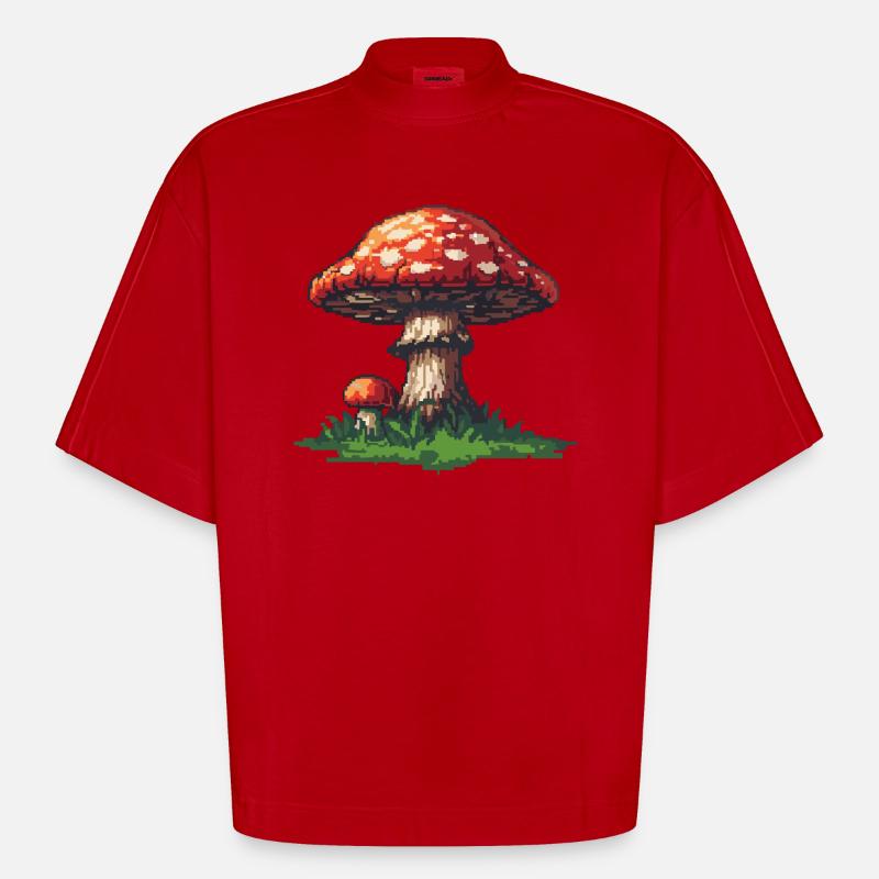Icône de pixel de champignon - T-shirt bio épais oversize Boxy fabriqué en UE - rouge