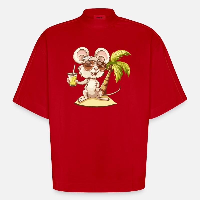Mouse Summer Beach Comic - Heavyweight Oversized Organic Boxy T-Shirt Made in EU - red