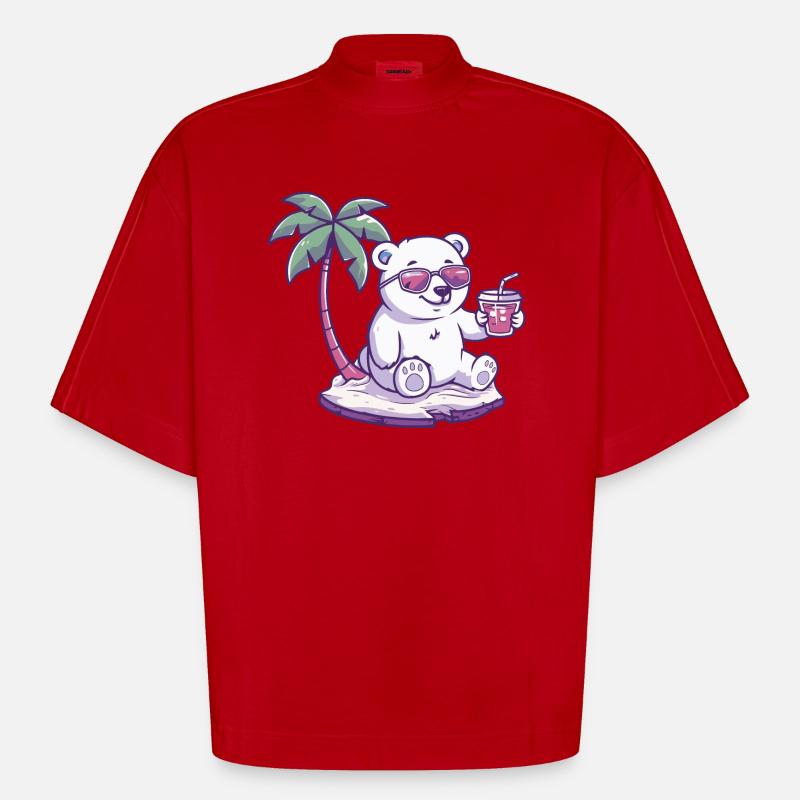 Polar Bear Summer Beach Comic - Heavyweight Oversized Organic Boxy T-Shirt Made in EU - red