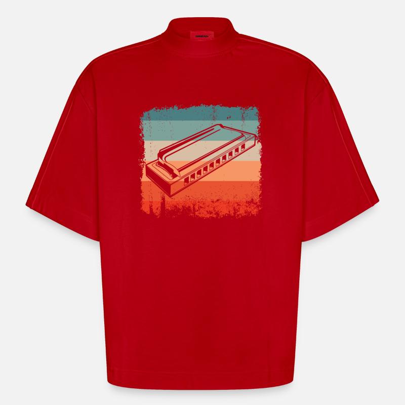 Retro Harmonica Player Silhouette - Heavyweight Oversized Organic Boxy T-Shirt Made in EU - red