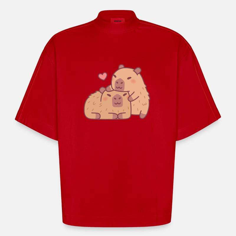 Câlins mignons Capybara Saint-Valentin - T-shirt bio épais oversize Boxy fabriqué en UE - rouge