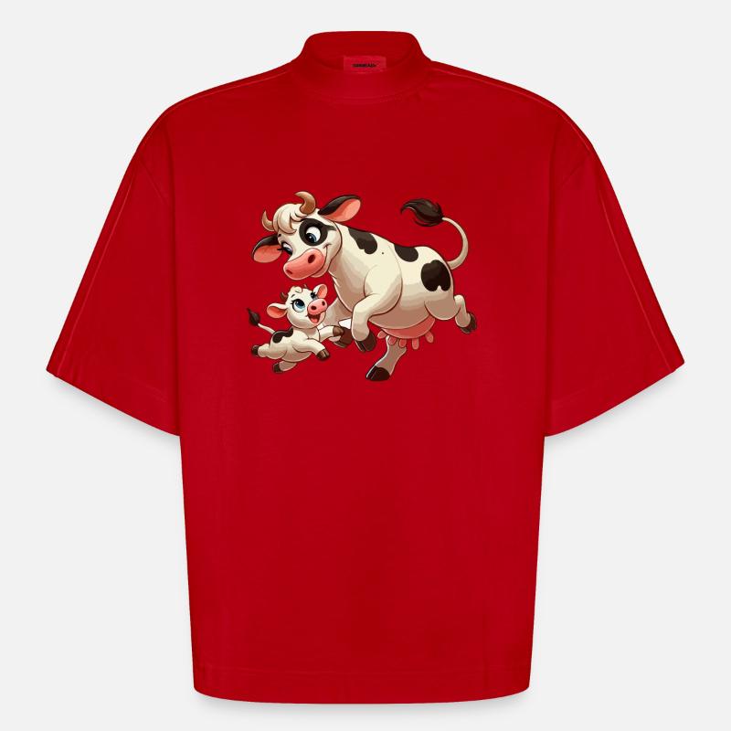 Kuhmutter mit herumtollendem Kind - Heavyweight Oversized Organic Boxy T-Shirt Made in EU - Rot