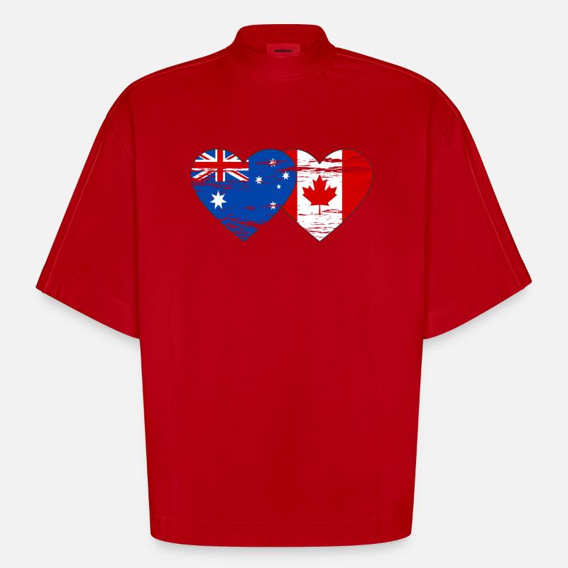 Australie Canada drapeau coeur utilisé - T-shirt bio épais oversize Boxy fabriqué en UE - rouge