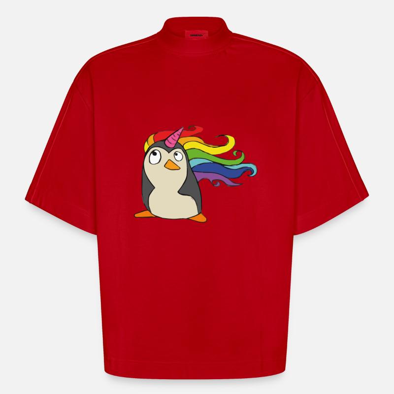 Punguin Einhorn Regenbogen - Heavyweight Oversized Organic Boxy T-Shirt Made in EU - Rot