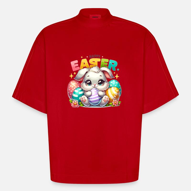 Happy Easter - Easter Bunny Illustration - Heavyweight Oversized Organic Boxy T-Shirt Made in EU - red