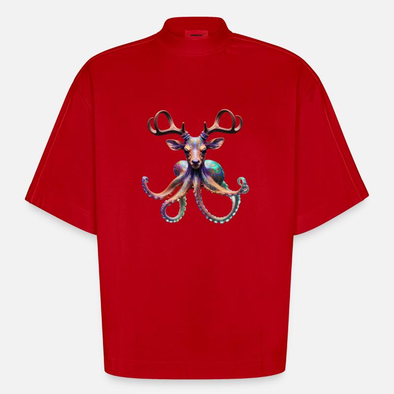 Psychedelischer Hirsch Oktopus mit Geweih - Heavyweight Oversized Organic Boxy T-Shirt Made in EU - Rot