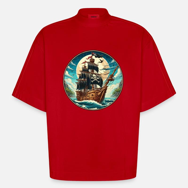 Pirate ship large - Heavyweight Oversized Organic Boxy T-Shirt Made in EU - red