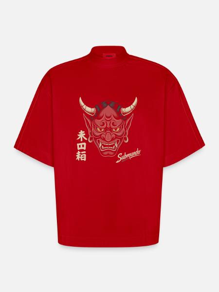 Japanese mask - Heavyweight Oversized Organic Boxy T-Shirt Made in EU - red