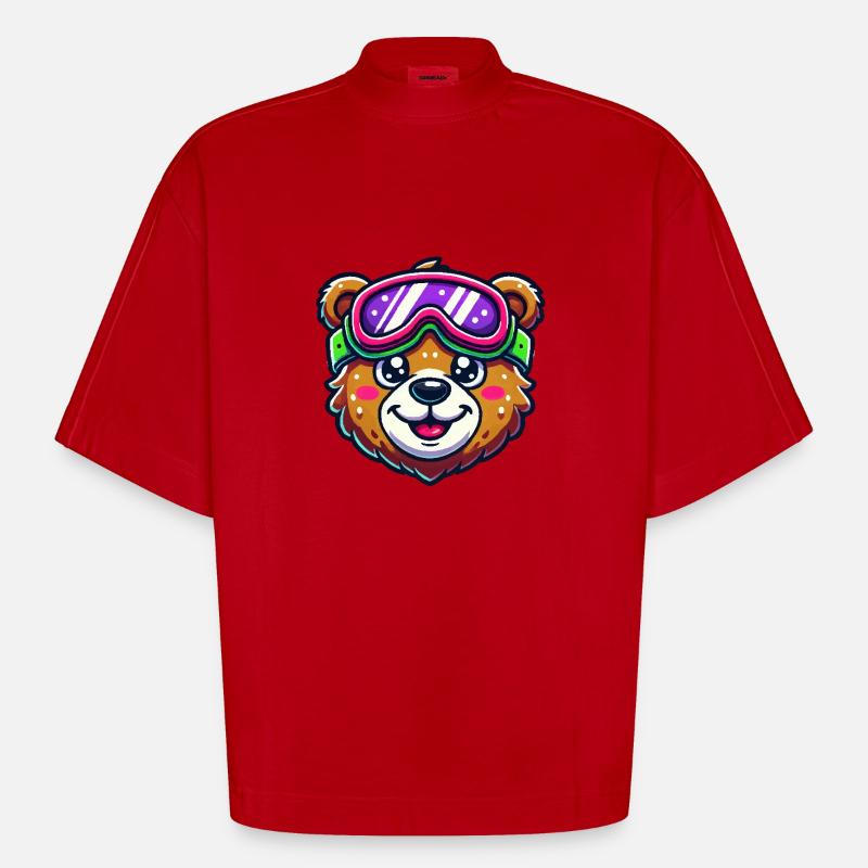 Bear Comic Ski Goggles - Heavyweight Oversized Organic Boxy T-Shirt Made in EU - red