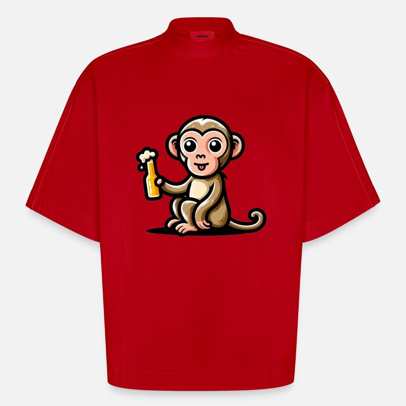 Cute Monkey Drinking Beer 3 - Heavyweight Oversized Organic Boxy T-Shirt Made in EU - Rot