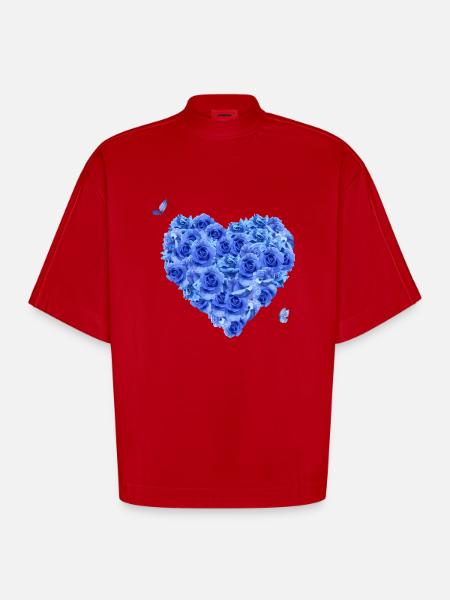 Blue floral heart - Heavyweight Oversized Organic Boxy T-Shirt Made in EU - red