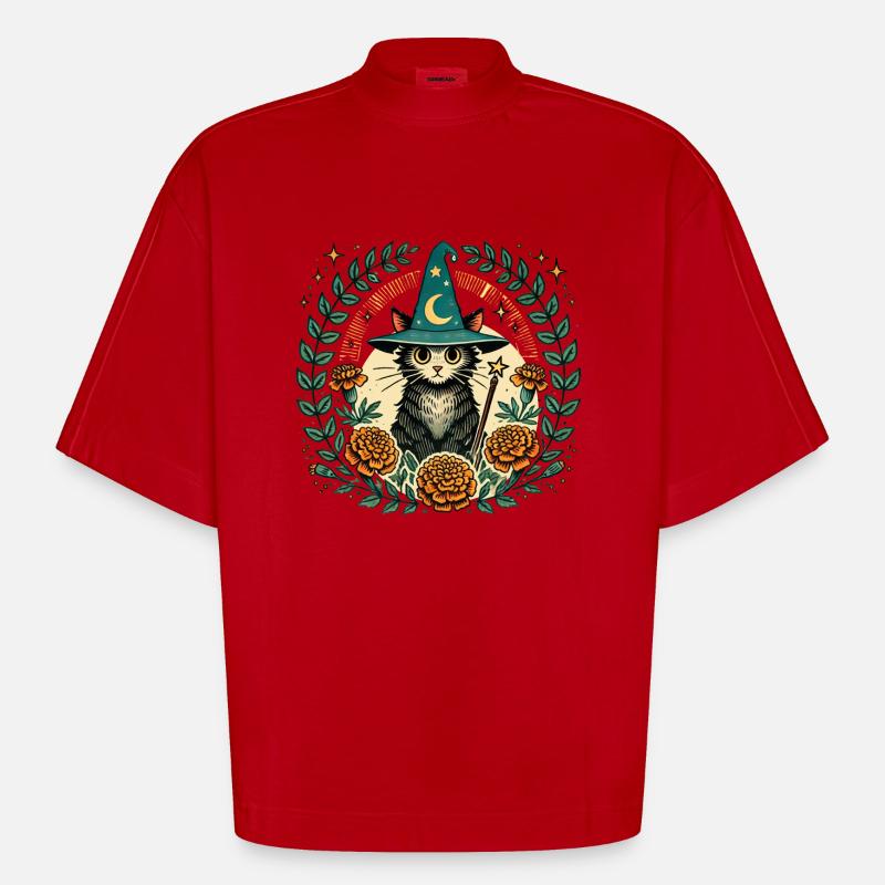 Wizard Kitty Katze - Heavyweight Oversized Organic Boxy T-Shirt Made in EU - Rot