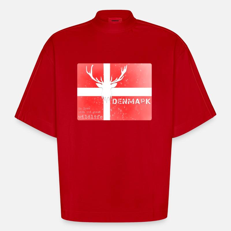 Danemark faune Drapeau Cerf - T-shirt bio épais oversize Boxy fabriqué en UE - rouge
