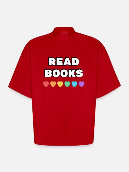 Read Books Rainbow Hearts - Heavyweight Oversized Organic Boxy T-Shirt Made in EU - red