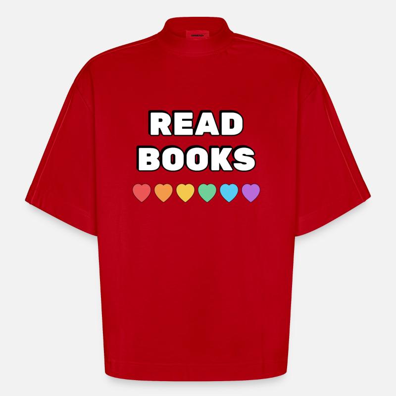 Read Books Rainbow Hearts - Heavyweight Oversized Organic Boxy T-Shirt Made in EU - red