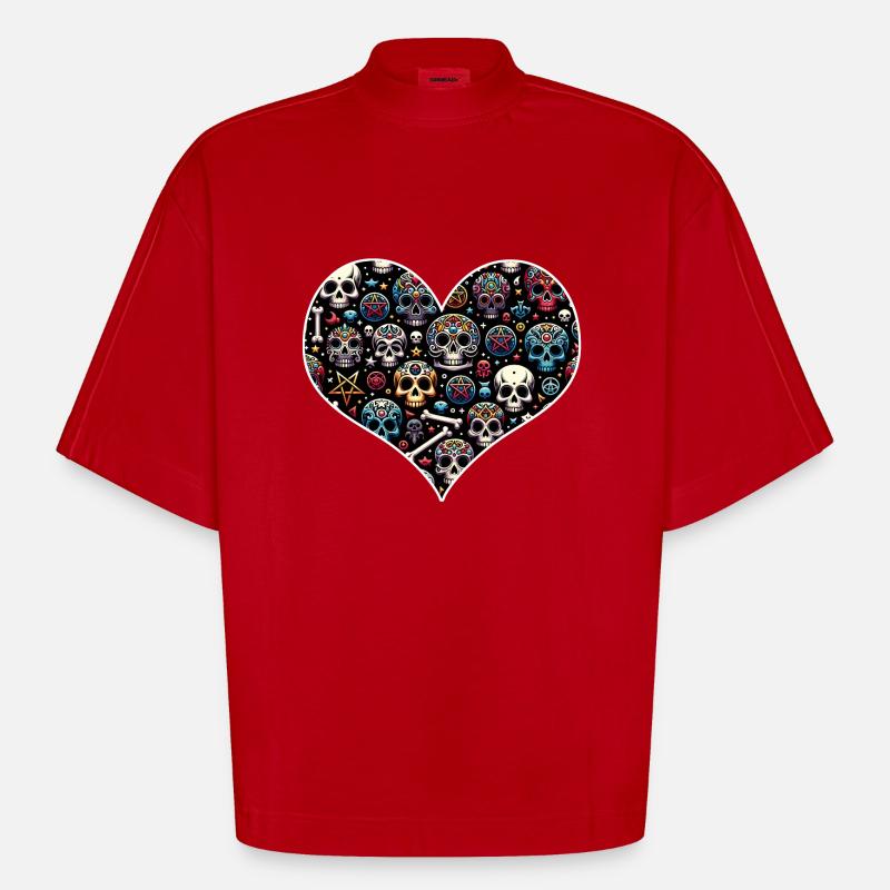 Buntes dekoratives Skullmuster - Heavyweight Oversized Organic Boxy T-Shirt Made in EU - Rot