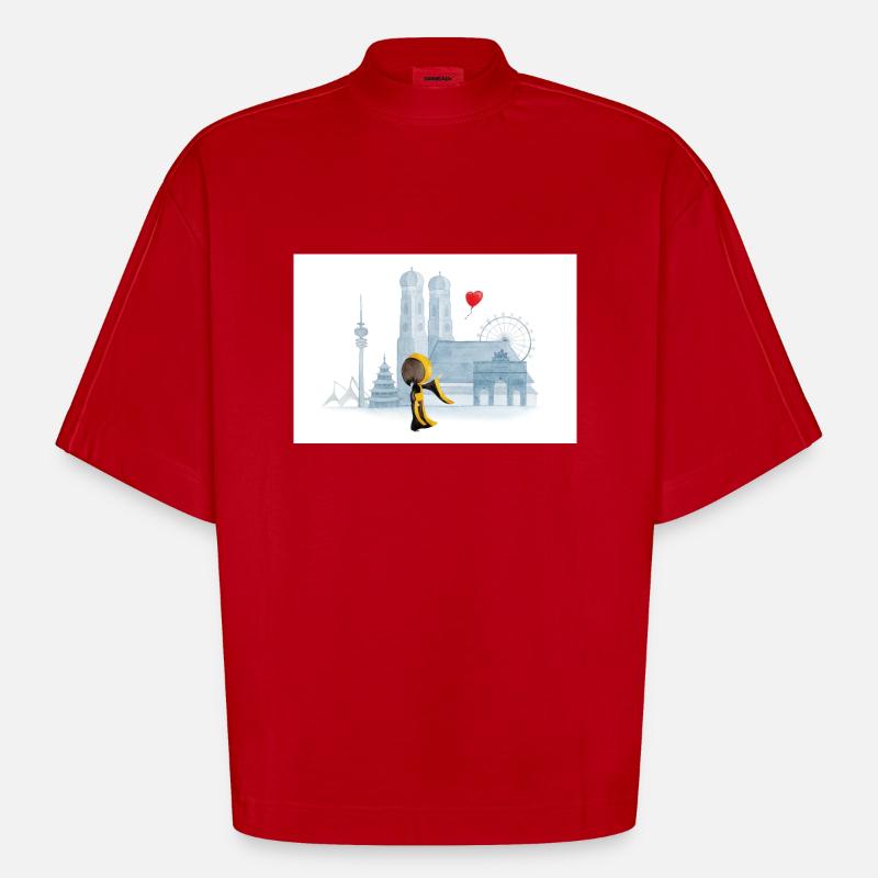 Münchner Kindl avec Munich Skyline - T-shirt bio épais oversize Boxy fabriqué en UE - rouge