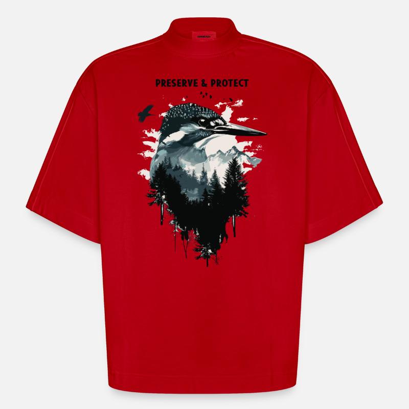 Preserve & Protect Eisvogel Vogel - Heavyweight Oversized Organic Boxy T-Shirt Made in EU - Rot