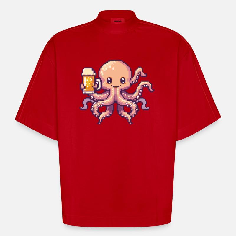 Octopus Pixel Bière - T-shirt bio épais oversize Boxy fabriqué en UE - rouge