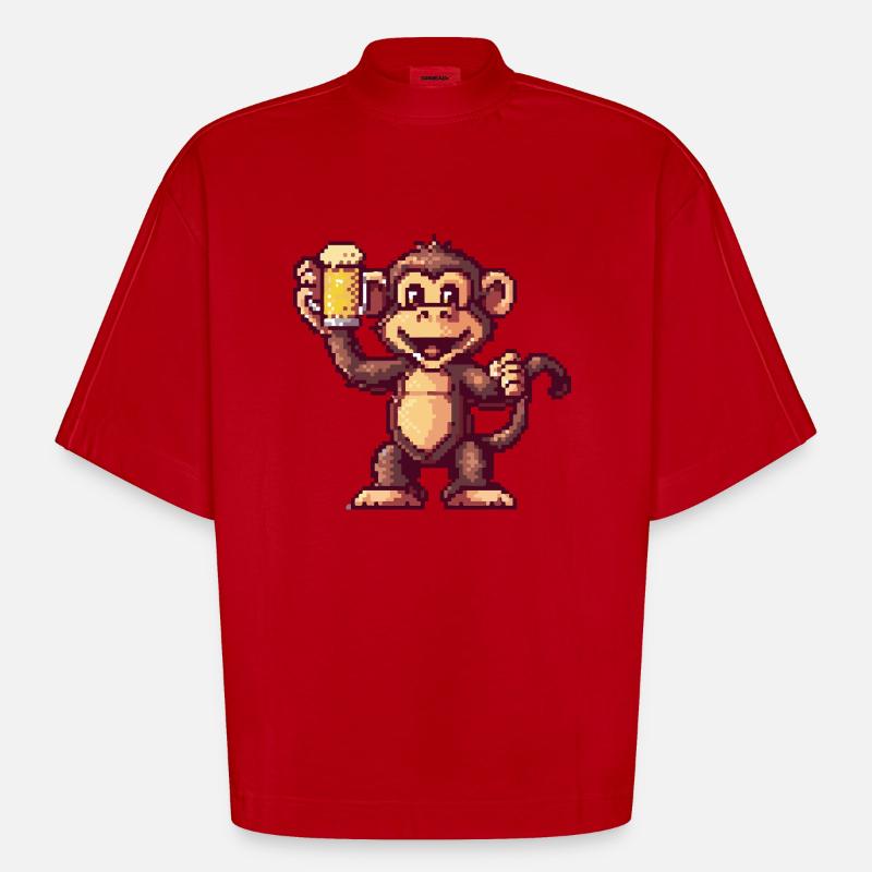 Bière Monkey Pixel - T-shirt bio épais oversize Boxy fabriqué en UE - rouge