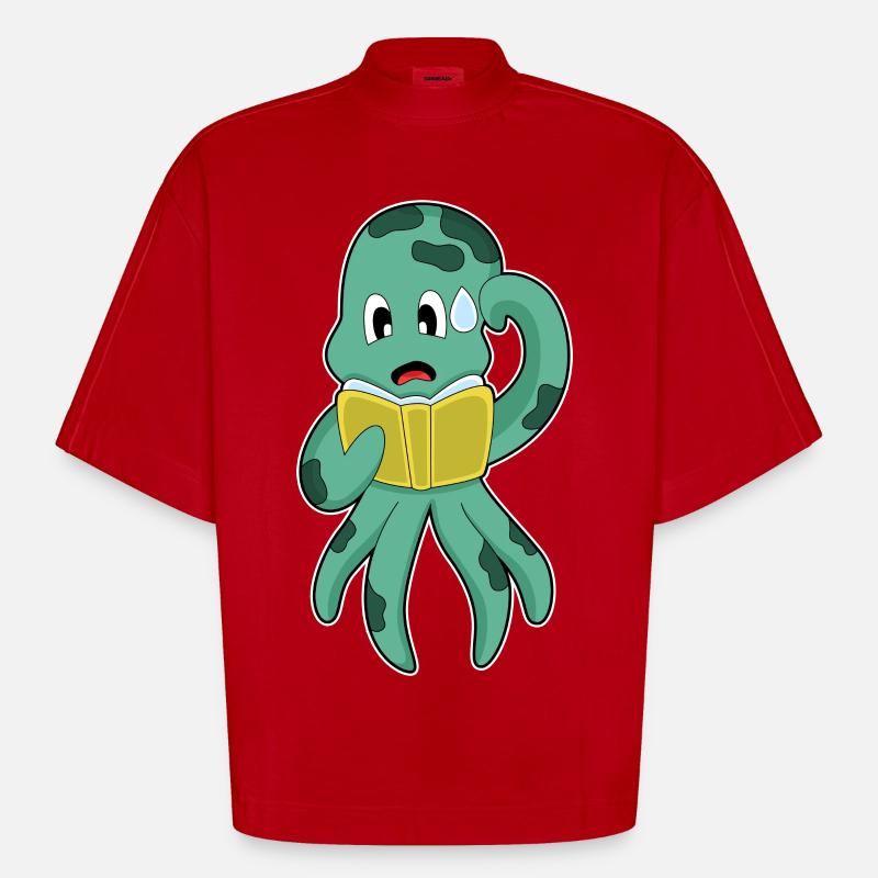 Octopus Nerd Book - Heavyweight Oversized Organic Boxy T-Shirt Made in EU - red