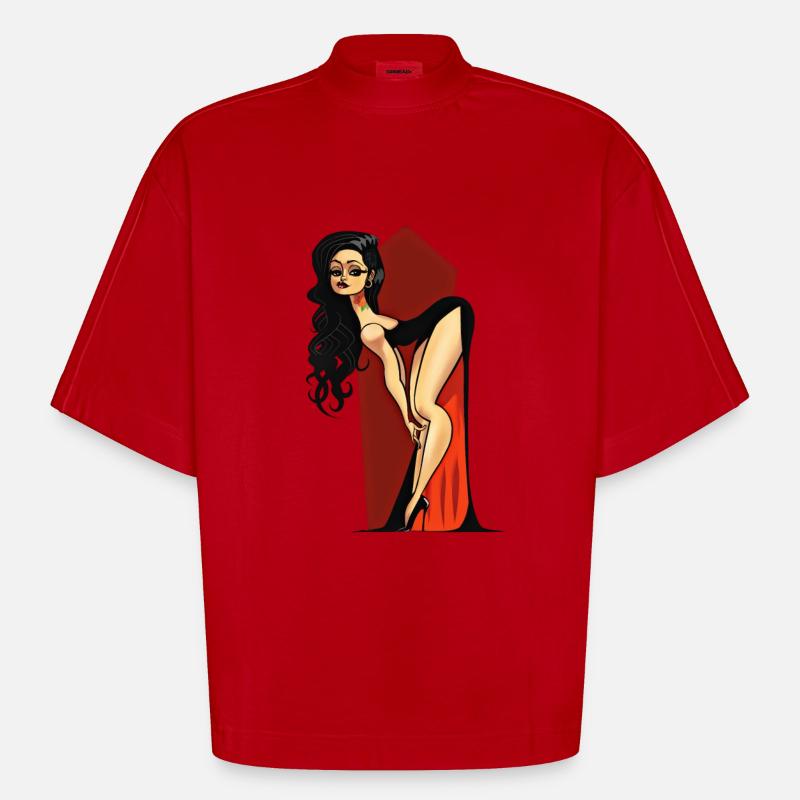 Vampire Pin-up - Heavyweight Oversized Organic Boxy T-Shirt Made in EU - red