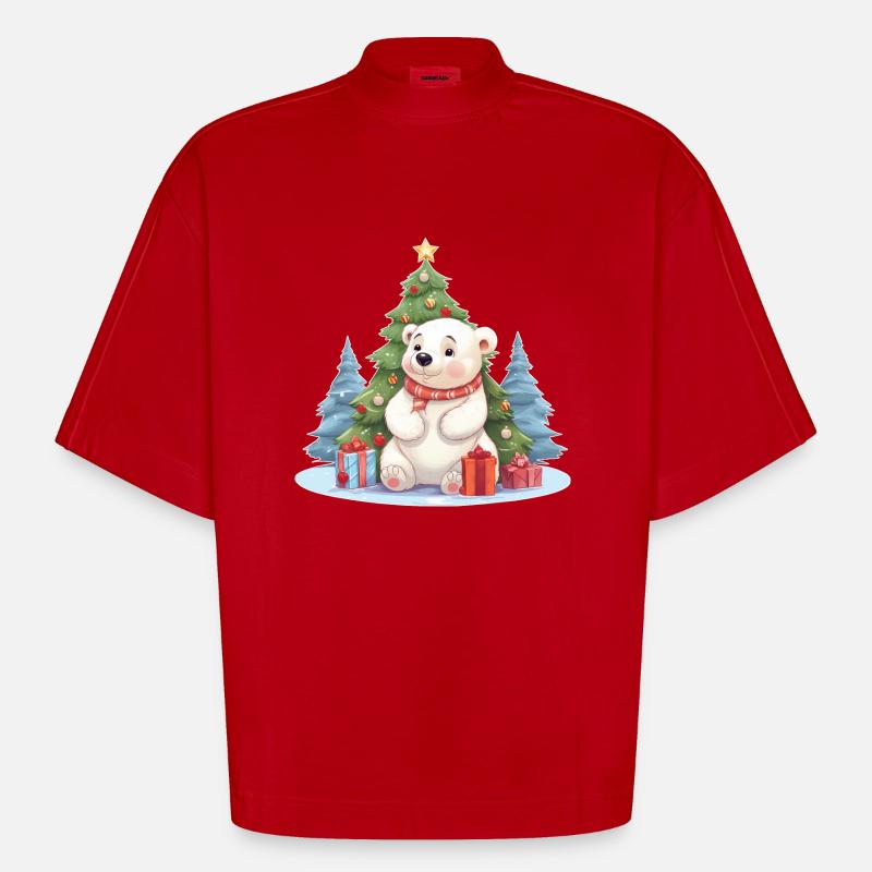 Weihnachten Eisbär mit Weihnachtsbaum - Heavyweight Oversized Organic Boxy T-Shirt Made in EU - Rot