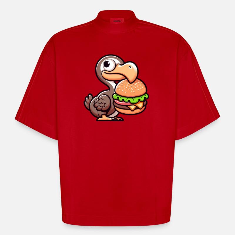 Whimsical Dodo Burger Chibi Hamburger - Heavyweight Oversized Organic Boxy T-Shirt Made in EU - red