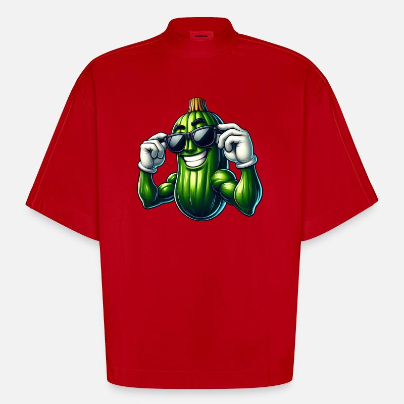 Cool Cucumber Pickle Vegetables Cartoon - Heavyweight Oversized Organic Boxy T-Shirt Made in EU - red