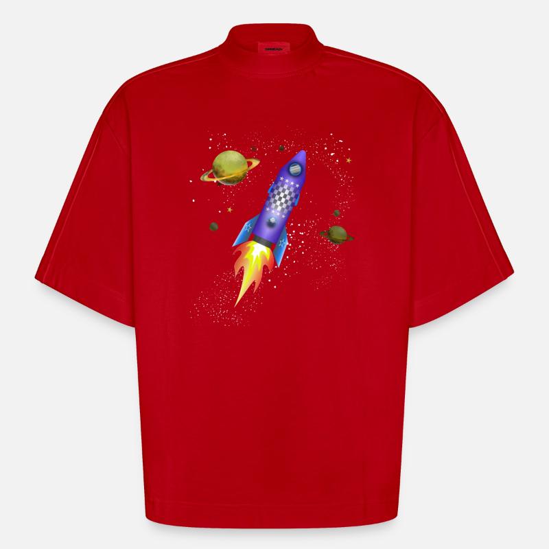 Fusée dans l'espace - T-shirt bio épais oversize Boxy fabriqué en UE - rouge