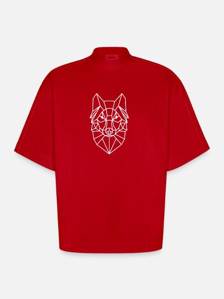 Geometric Wolf Head Line Style - Heavyweight Oversized Organic Boxy T-Shirt Made in EU - red