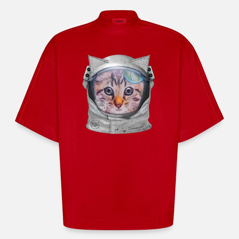 Chat dans l’espace - T-shirt bio épais oversize Boxy fabriqué en UE - rouge