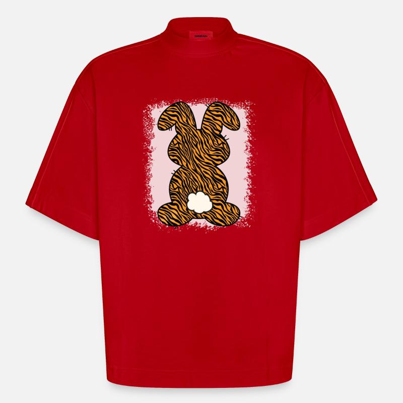 Tiger Pattern Rabbit Bleached Easter - Heavyweight Oversized Organic Boxy T-Shirt Made in EU - red