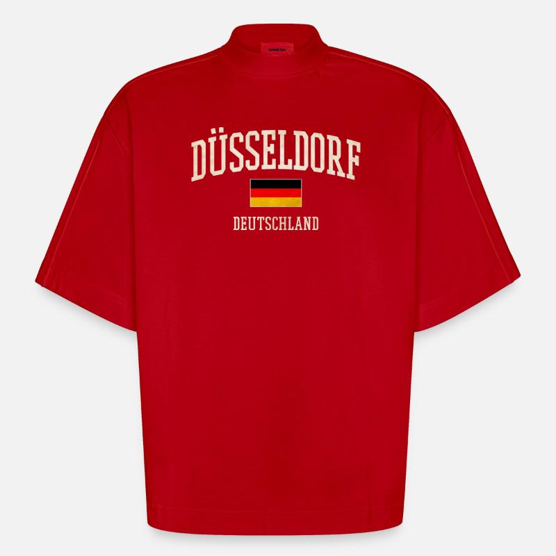 Drapeau de Düsseldorf - T-shirt bio épais oversize Boxy fabriqué en UE - rouge