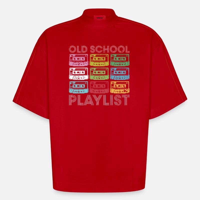 Rainbow Cassette Grid Print - Heavyweight Oversized Organic Boxy T-Shirt Made in EU - red