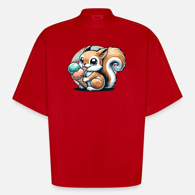 Niedliches Cartoon-Eichhörnchen mit Eiscreme - Heavyweight Oversized Organic Boxy T-Shirt Made in EU - Rot
