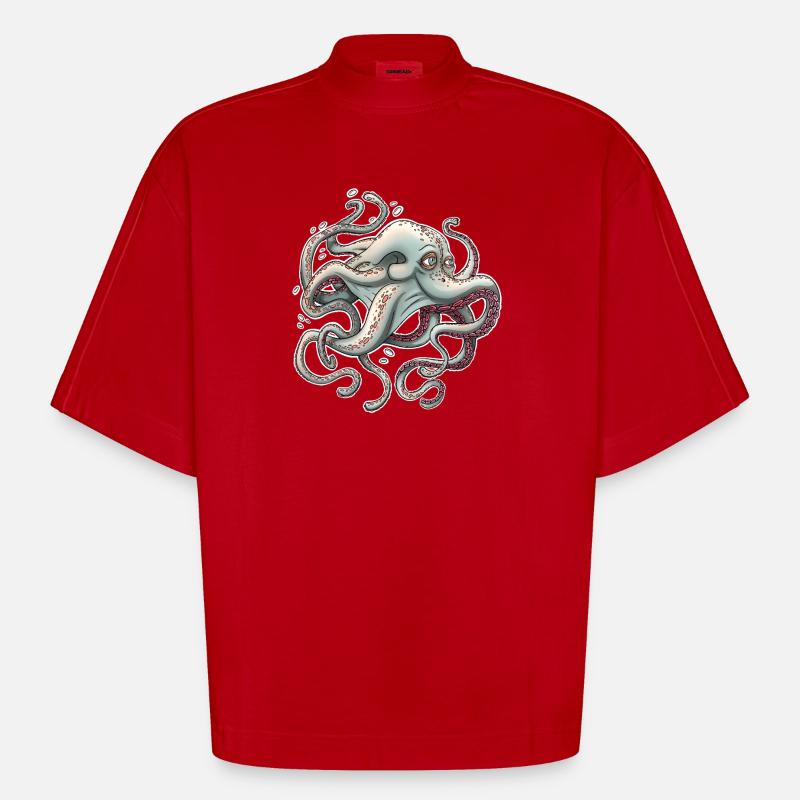Whimsical Octopus with Dreamy Expression - Heavyweight Oversized Organic Boxy T-Shirt Made in EU - red