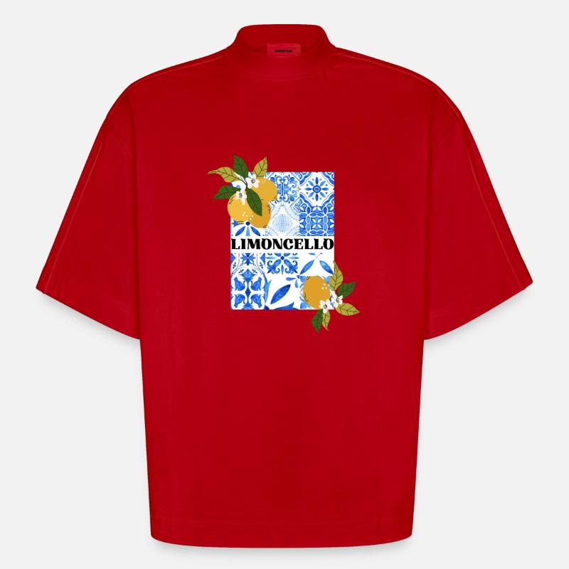 Limoncello – Citrus and Azulejo Pattern - Heavyweight Oversized Organic Boxy T-Shirt Made in EU - red
