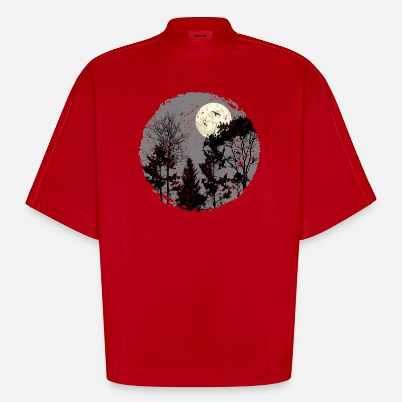 Scène de forêt nocturne sanctifiante - T-shirt bio épais oversize Boxy fabriqué en UE - rouge