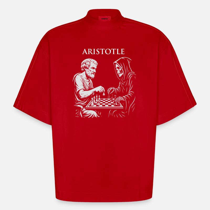 Aristotle and Grim Raper Chess Illustration - Heavyweight Oversized Organic Boxy T-Shirt Made in EU - red